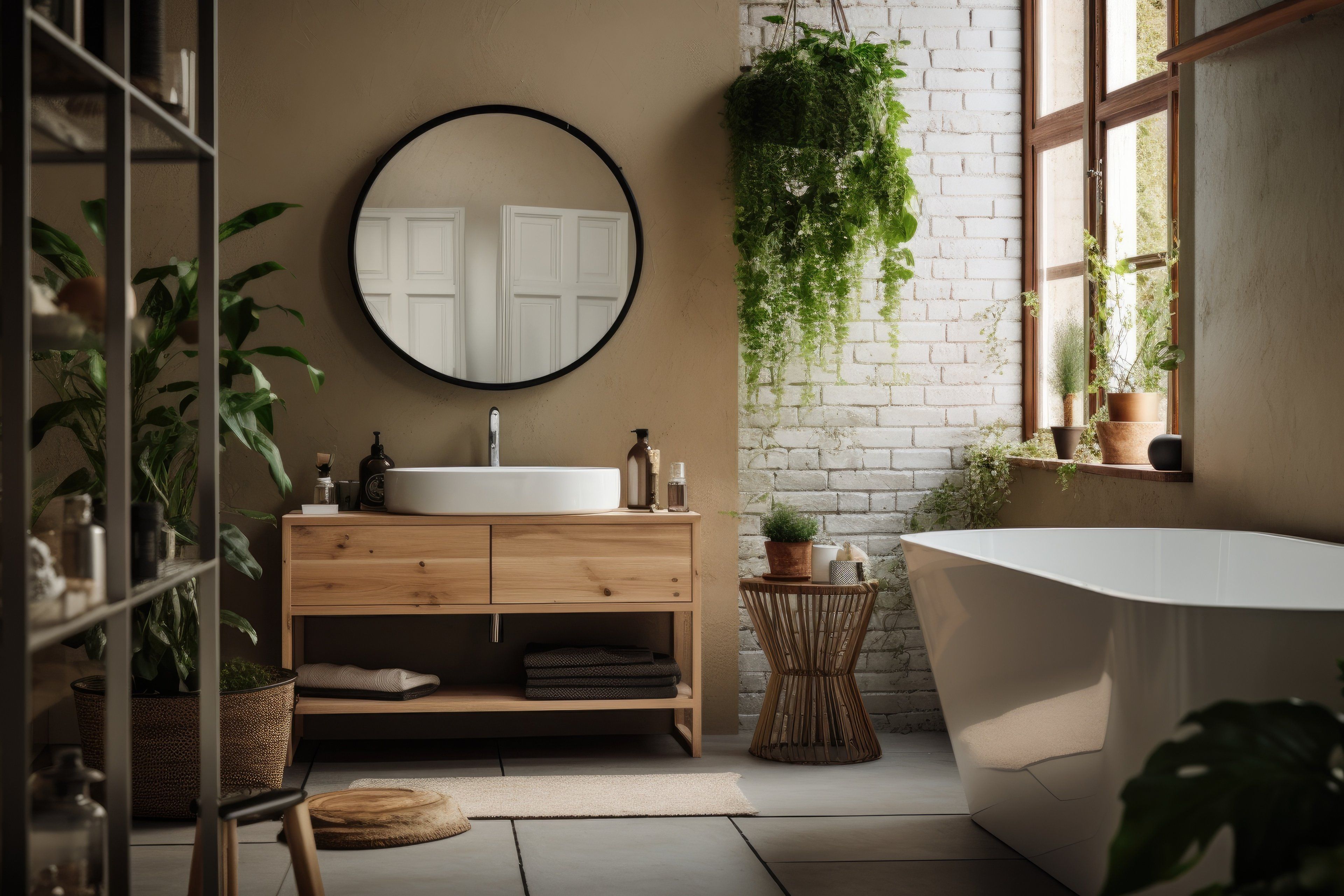 Stille baderom med vask, rundt speil, planter og badekar