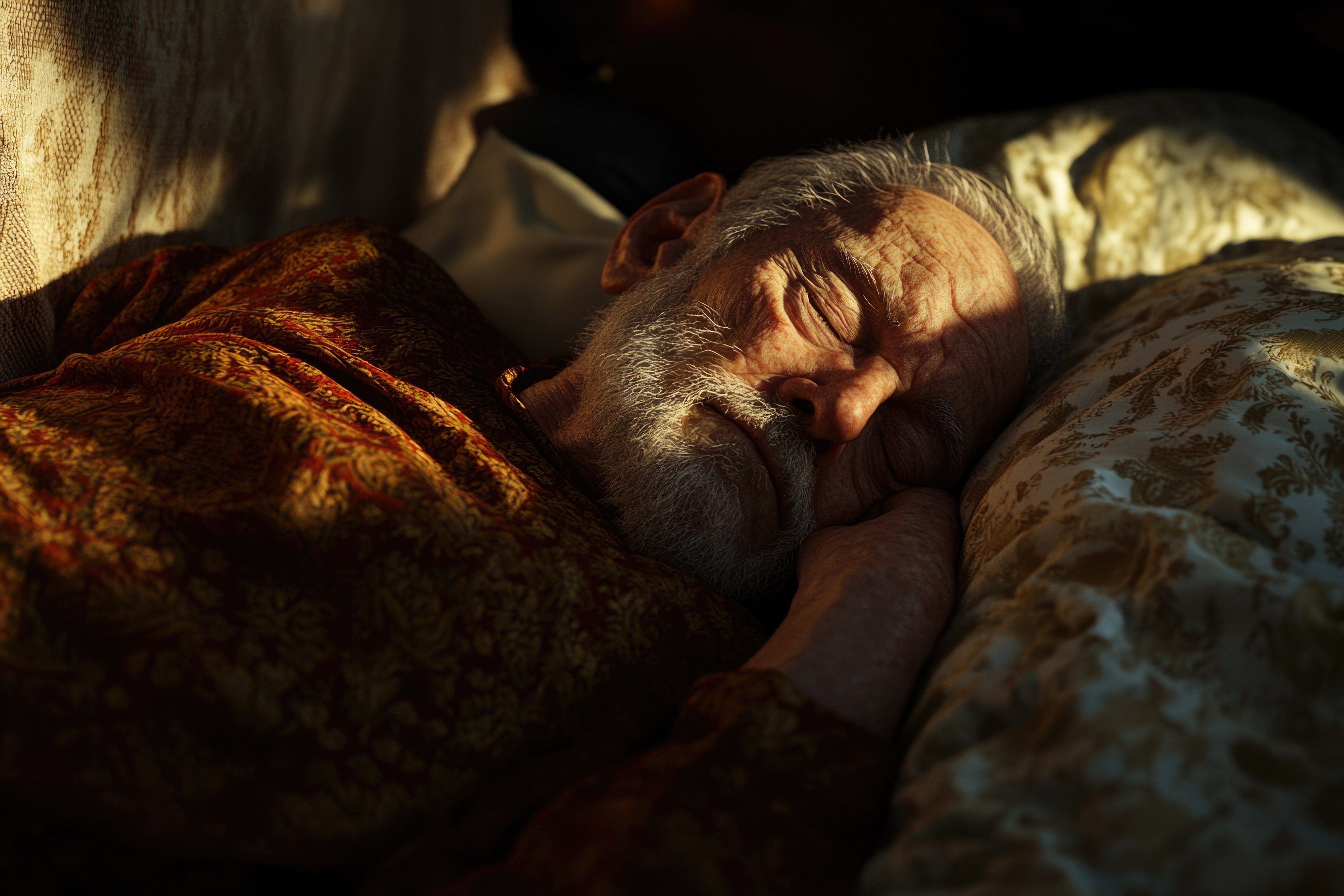 Eldre mann som sover i sengen