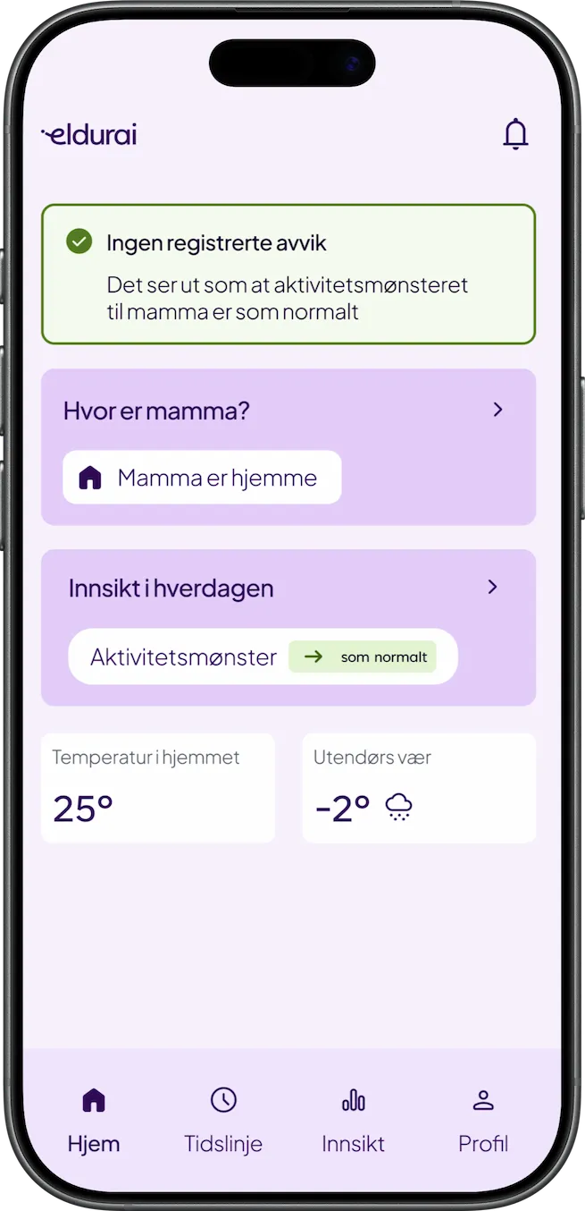 Eldurai-appen på en mobil, med meldingen «Ingen registrerte avvik»