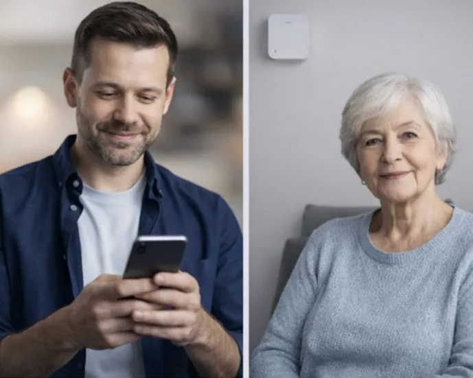 Utsnitt fra forsiden av rapporten: en mann med mobilen og en eldre kvinne